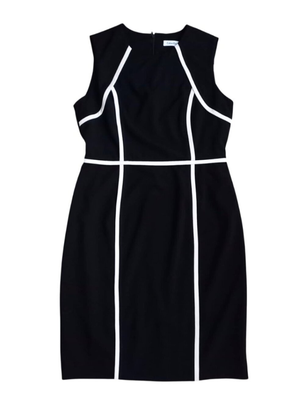 Calvin Klein Black Sheath Dress Size 10 White Trim Work Office Career Knee Lengt